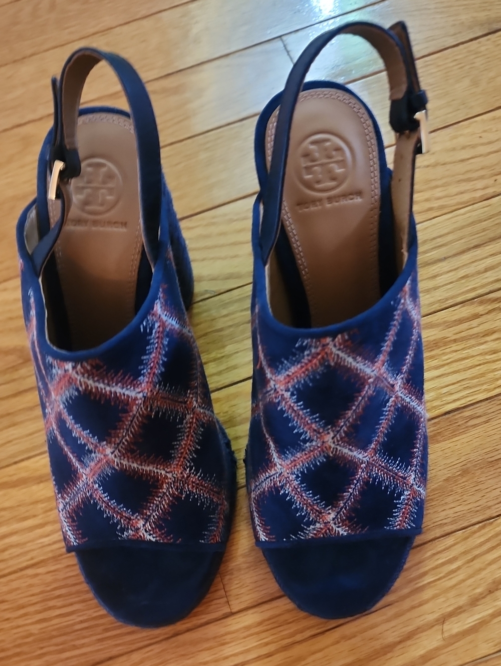Tory Burch Trinity Navy Patterned  4' Block Heel Slingback Sandals